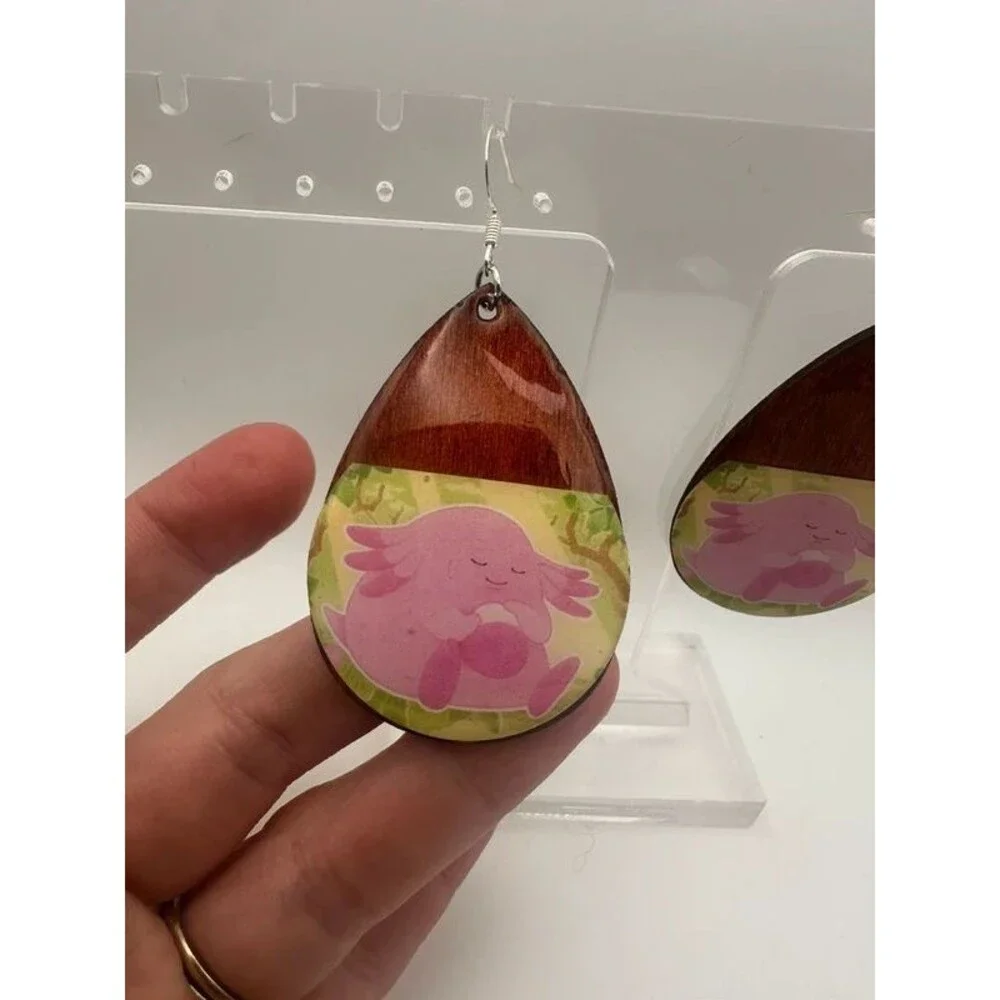 Chansey Wood Dangle Earrings Pokémon Inspired Silver Plated Nickel-Free Hooks